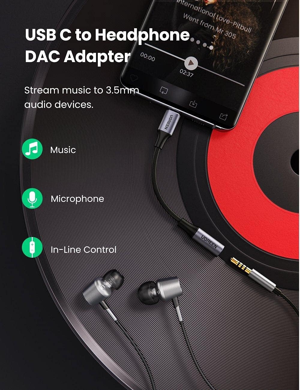 Adapter Audio USB-C - 3.5mm UGREEN AV161, Szary