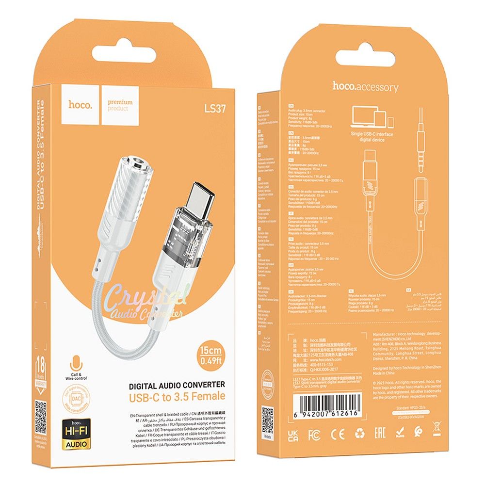 Adapter Audio USB-C - 3.5mm HOCO LS37, Szary