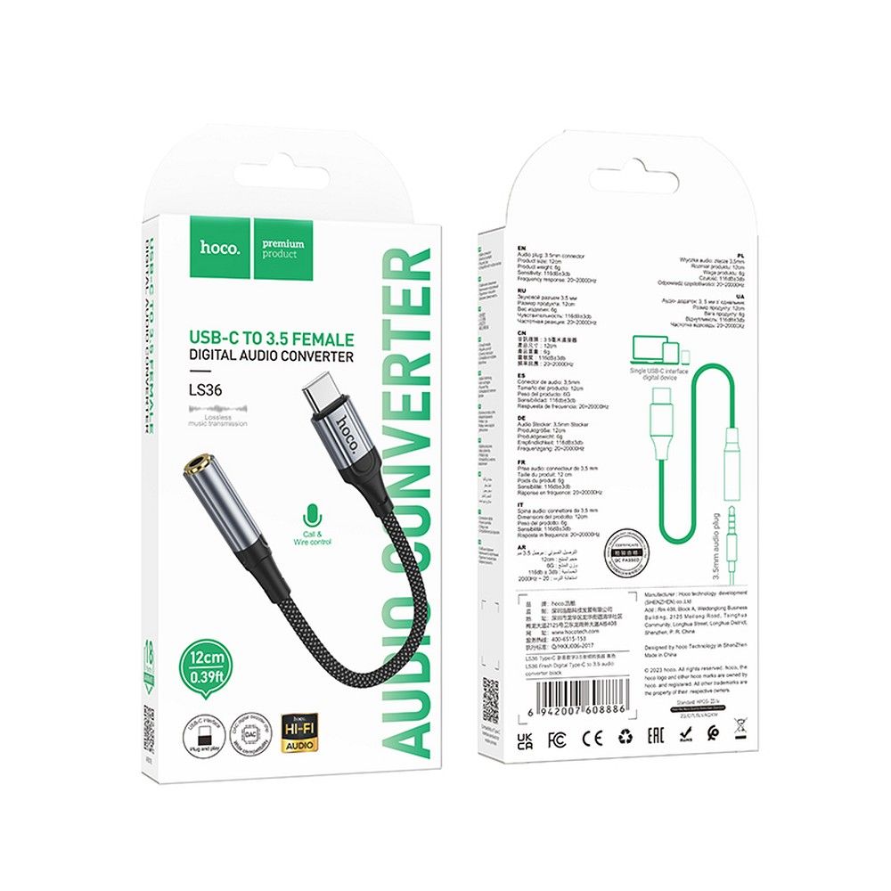 Adapter Audio USB-C - 3.5mm HOCO LS36, Szary