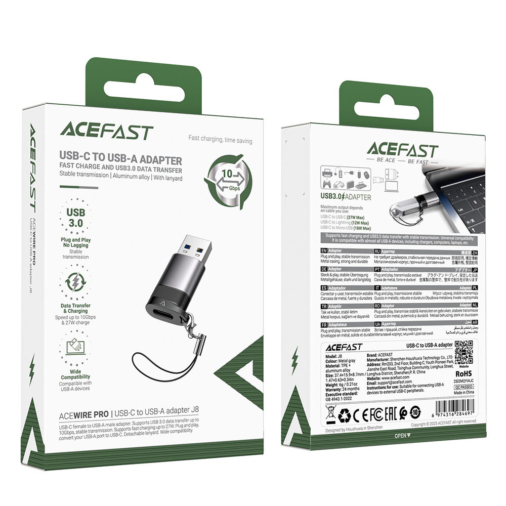 Adapter Danych i Ładowania USB-C - USB-A Acefast J8, Szary