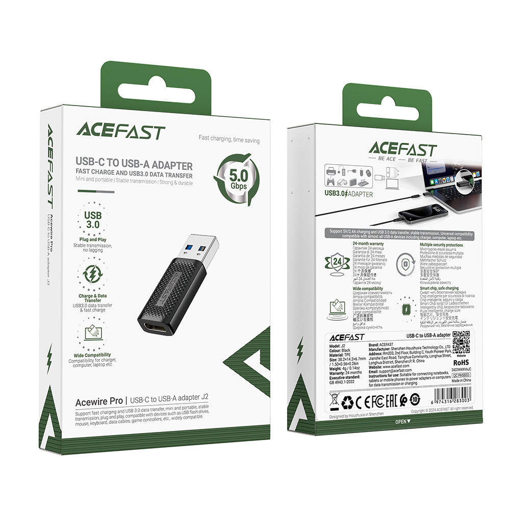 Adapter Danych i Ładowania USB-C - USB-A Acefast J2, Czarny