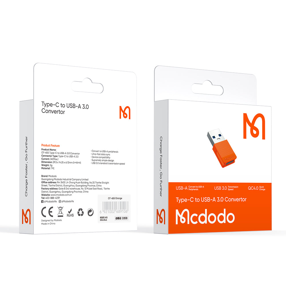 Adapter do danych i ładowania USB-C - USB-A McDodo OT-6550, Pomarańczowy