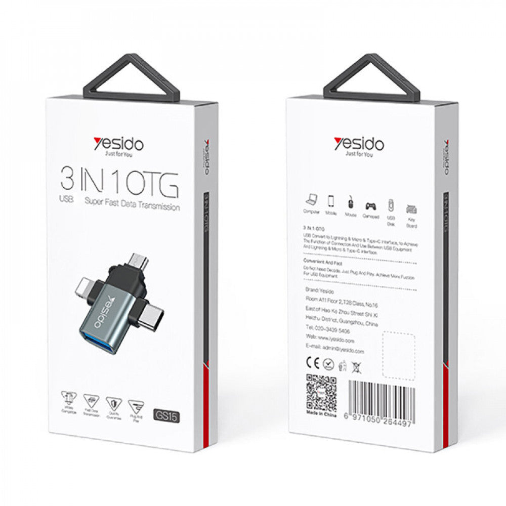Adapter OTG Lightning / microUSB / USB-C - USB-A Yesido GS15, Czarny