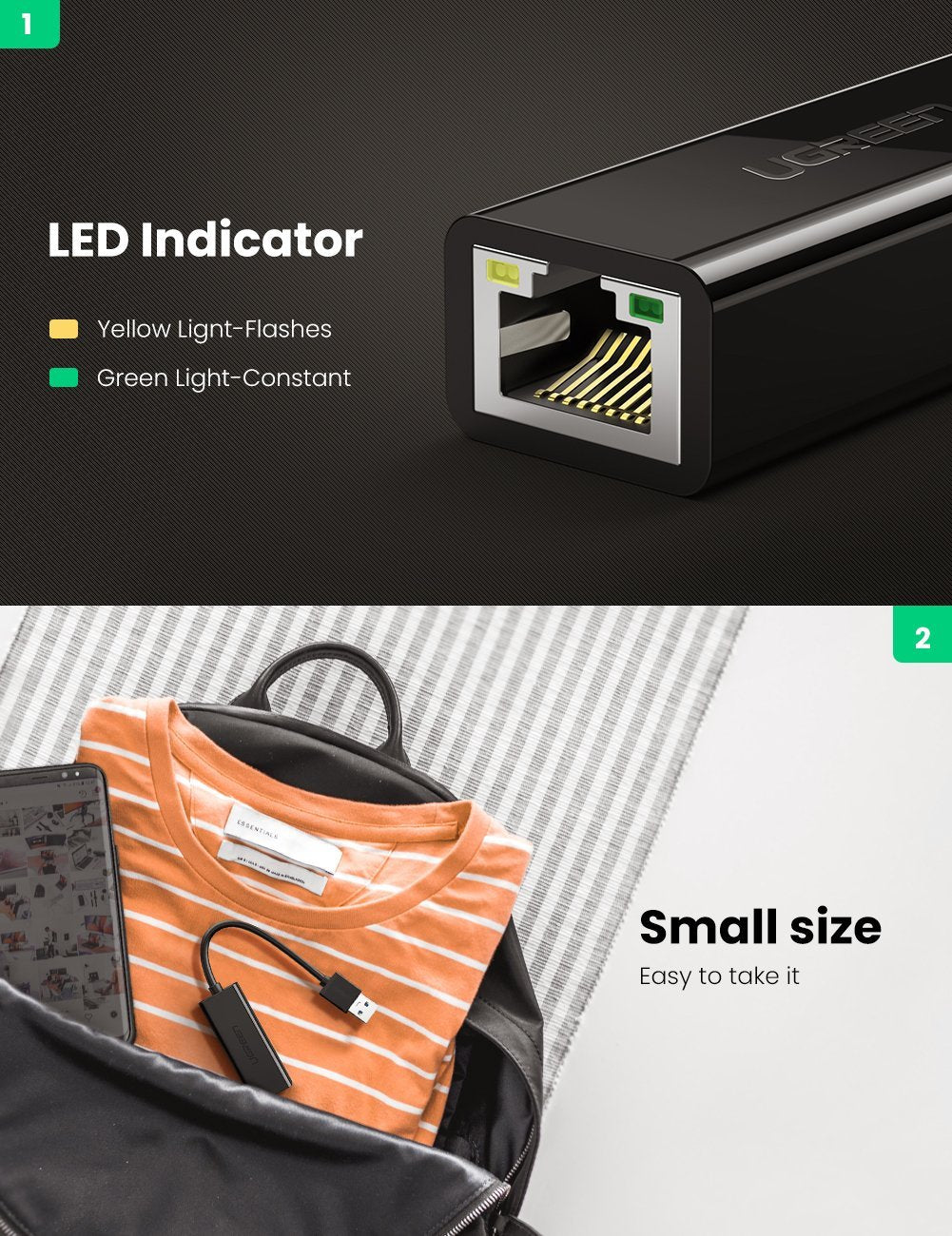 Karta sieciowa UGREEN CR111, RJ45, USB 3.0, Czarny