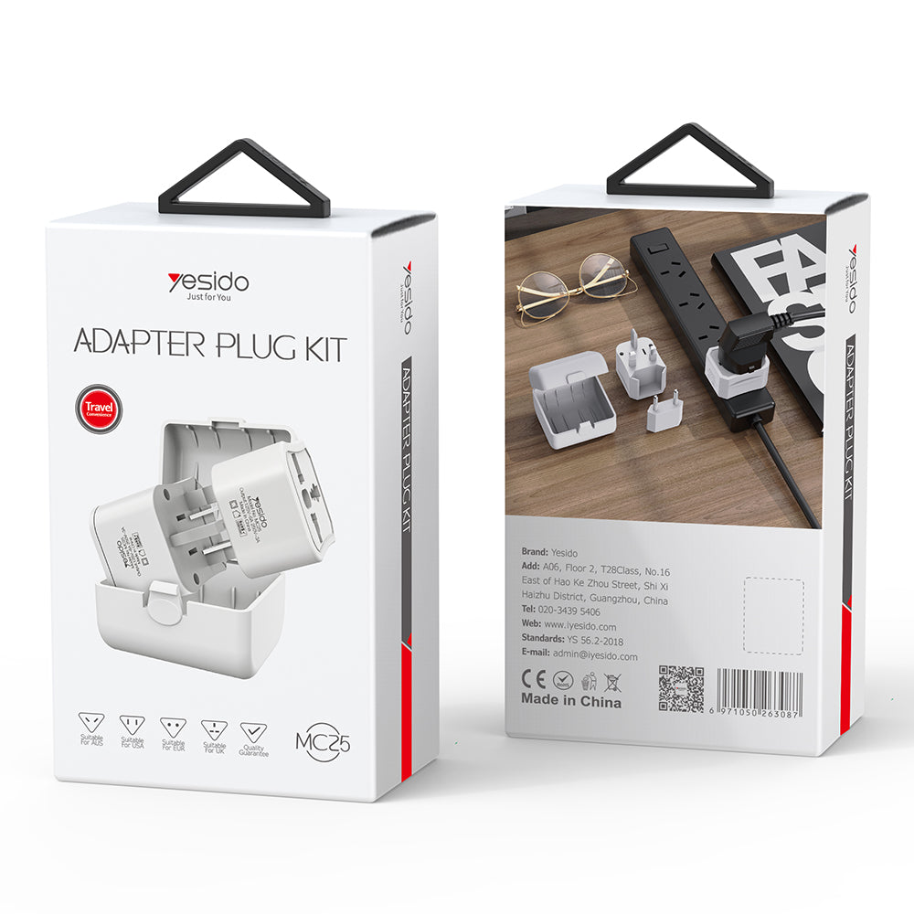 Adapter Sieciowy Yesido MC25 Travel CN/ US / EU / UK, Biały
