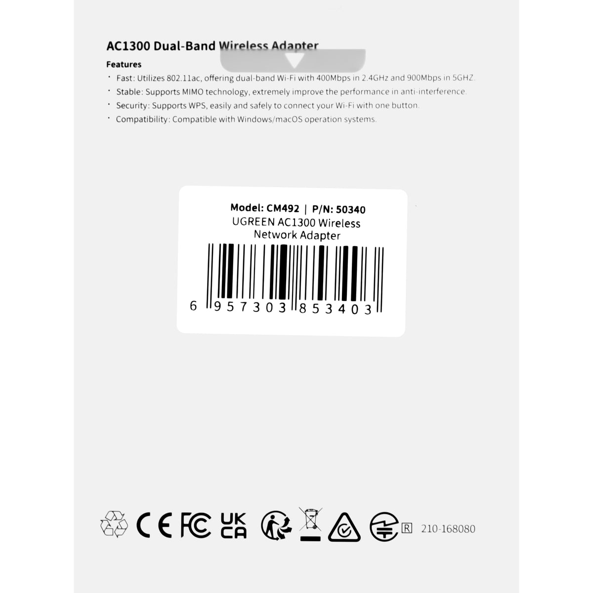 Adapter bezprzewodowy UGREEN CM492, dwuzakresowy, 1300 Mb/s, szary