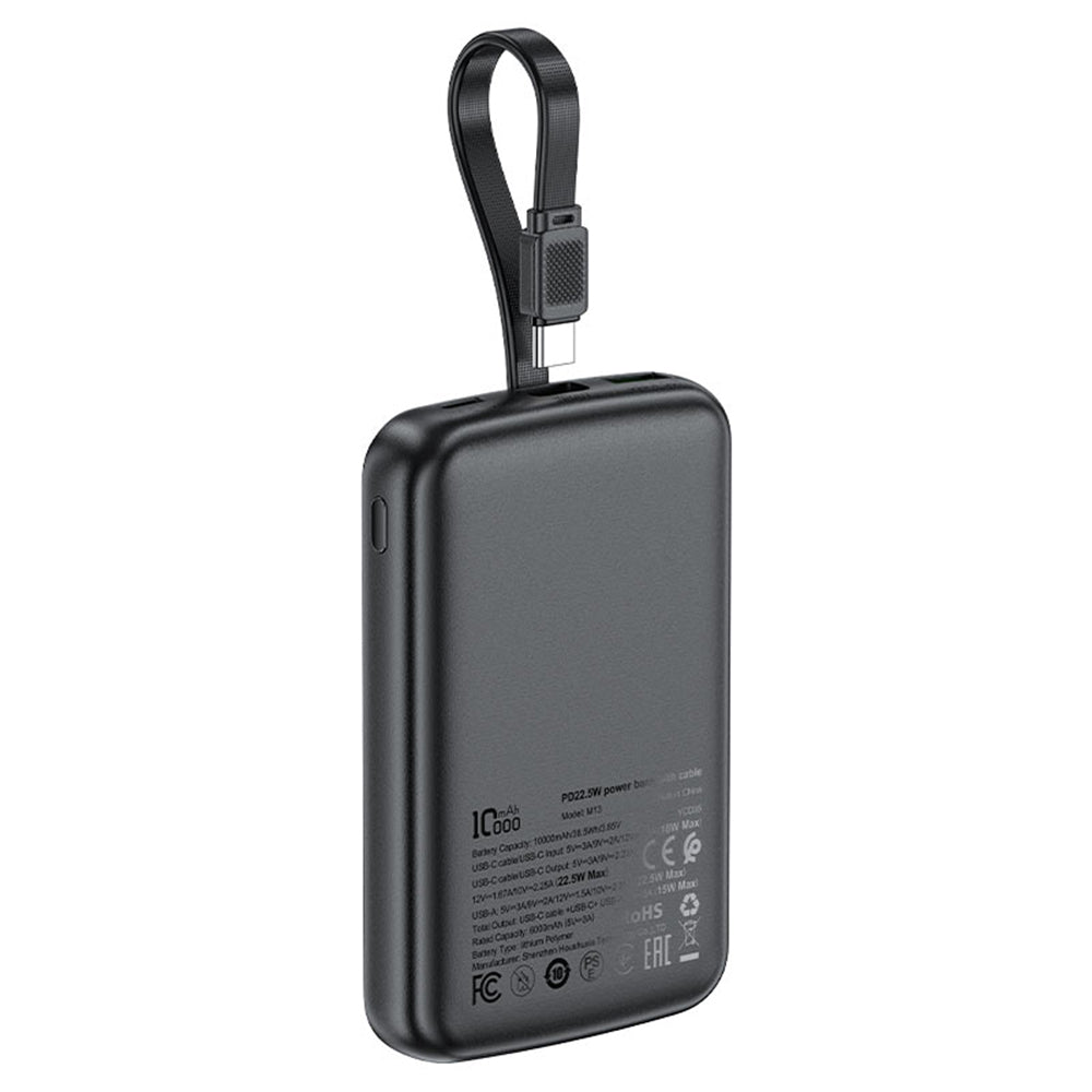 Acefast M13 External Battery, 10000mAh, 22.5W, QC + PD, 1 x USB-A - 2 x USB-C, Black