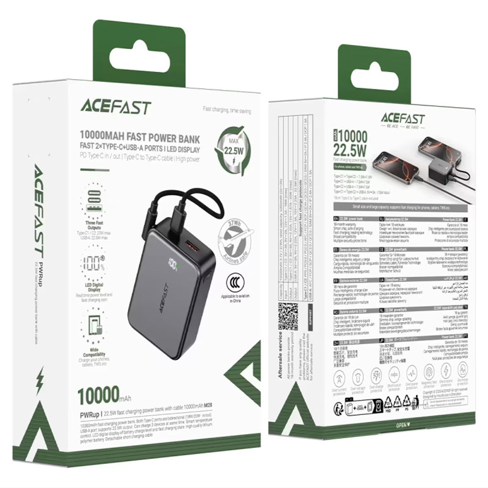 Zewnętrzna bateria Acefast M28, 10000mAh, 22.5W, QC + PD, 1 x USB-A - 2 x USB-C, Czarna