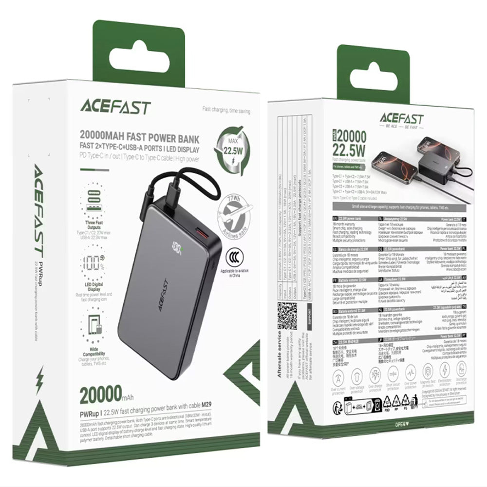 Zewnętrzna bateria Acefast M29, 20000mAh, 22.5W, QC + PD, 1 x USB-A - 2 x USB-C, Czarna