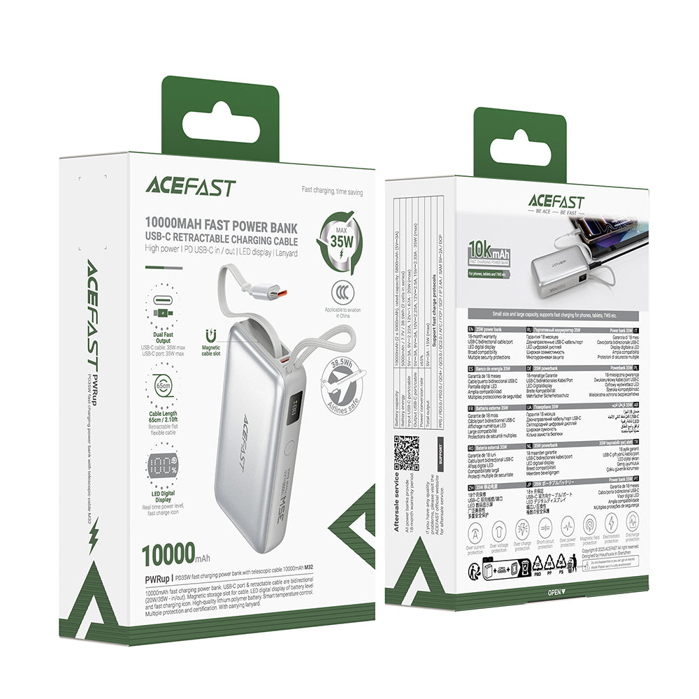 Zewnętrzna bateria Acefast M32, 10000mAh, 35W, PD, 2 x USB-C, Srebrna