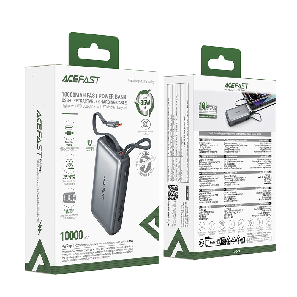 Zewnętrzna bateria Acefast M32, 10000mAh, 35W, PD, 2 x USB-C, Szara