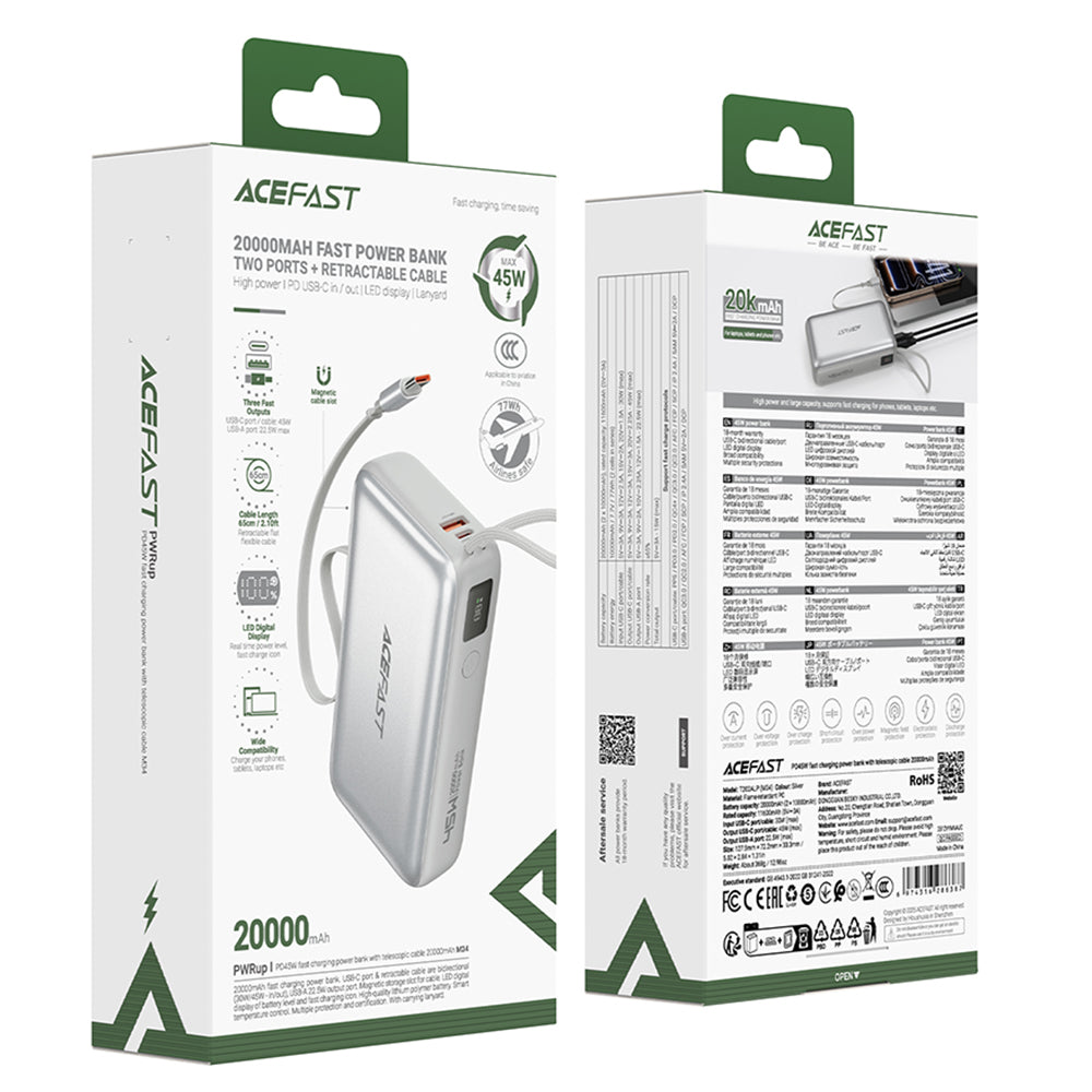 Zewnętrzna bateria Acefast M34, 20000mAh, 45W, QC + PD, 1 x USB-A - 2 x USB-C, Srebrna
