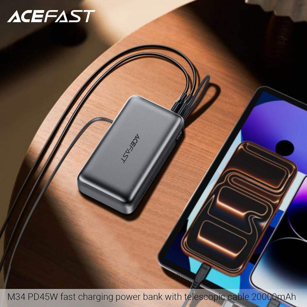 Zewnętrzna bateria Acefast M34, 20000mAh, 45W, QC + PD, 1 x USB-A - 2 x USB-C, Srebrna