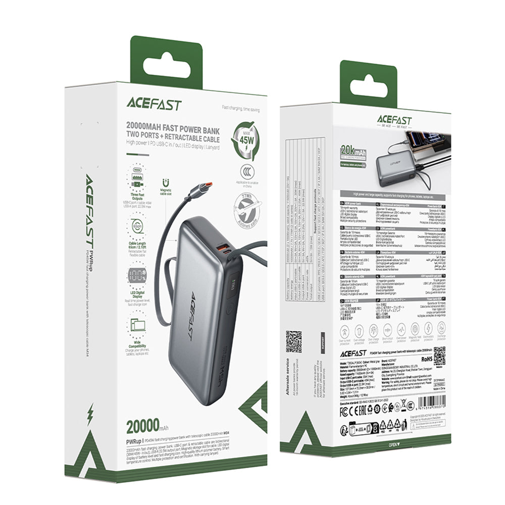 Zewnętrzna bateria Acefast M34, 20000mAh, 45W, QC + PD, 1 x USB-A - 2 x USB-C, Szara