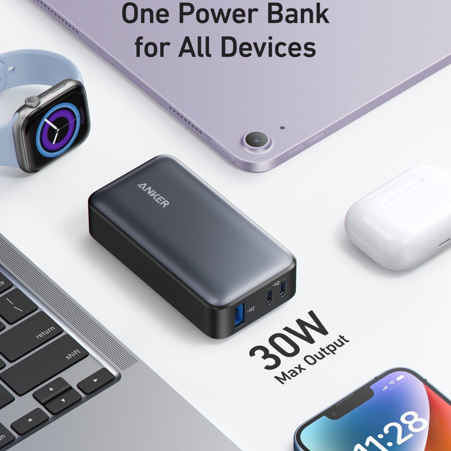 Zewnętrzna bateria Anker 533, 10000mAh, 30W, QC + PD, 1 x USB-A - 2 x USB-C, Czarna A1256G11