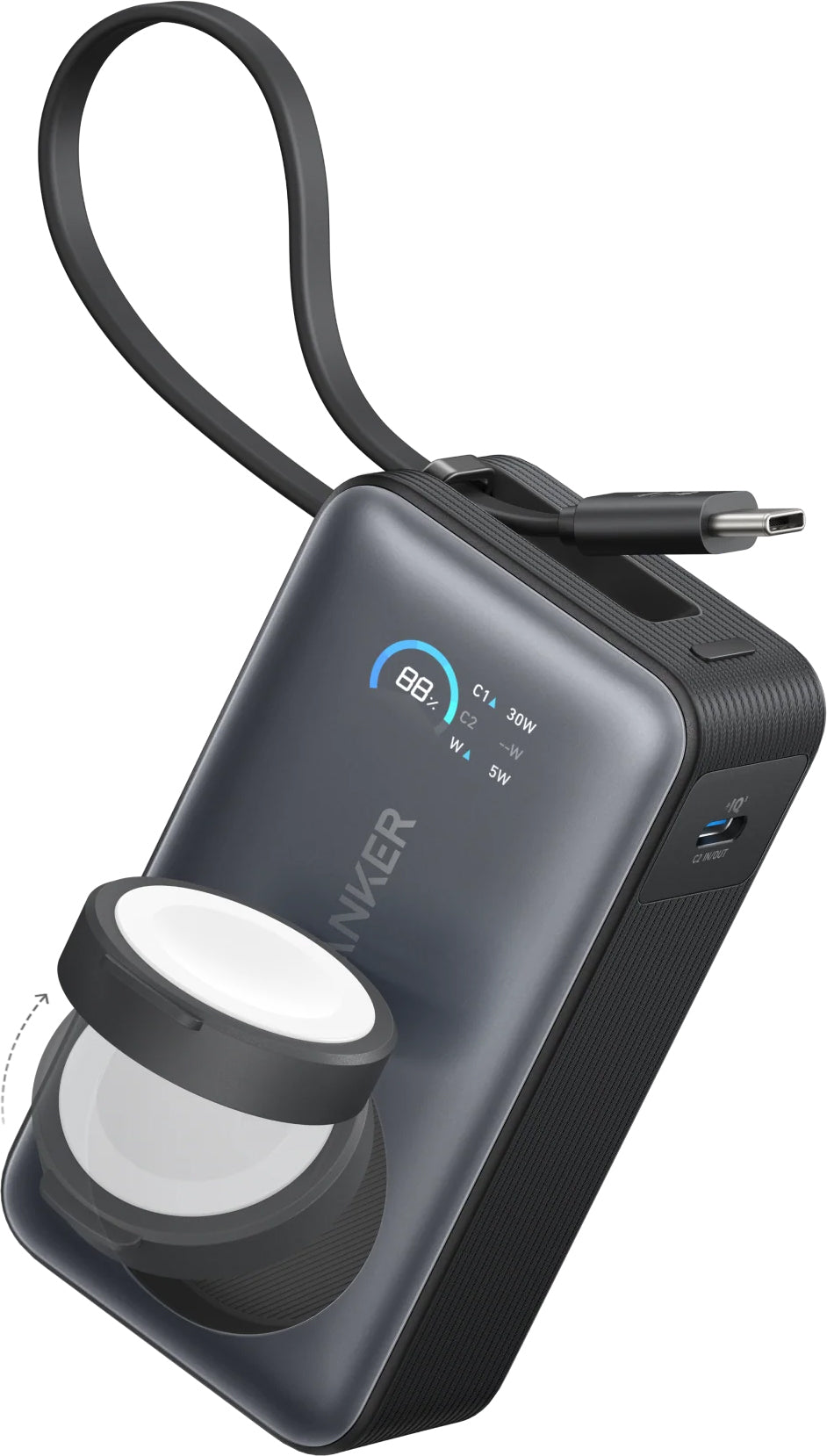 Zewnętrzna bateria bezprzewodowa Anker MagGo, 10000mAh, 35W, PD + QI, 1 x QI - 2 x USB-C, Czarna A1657011