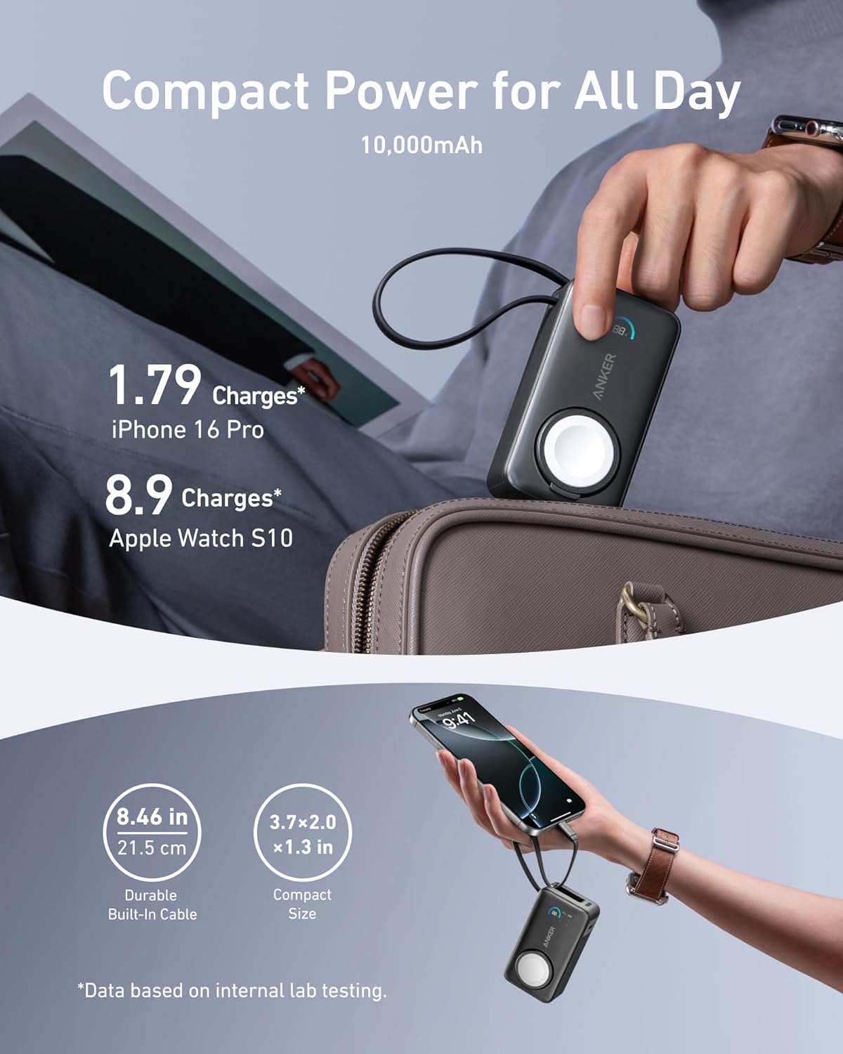 Zewnętrzna bateria bezprzewodowa Anker MagGo, 10000mAh, 35W, PD + QI, 1 x QI - 2 x USB-C, Czarna A1657011