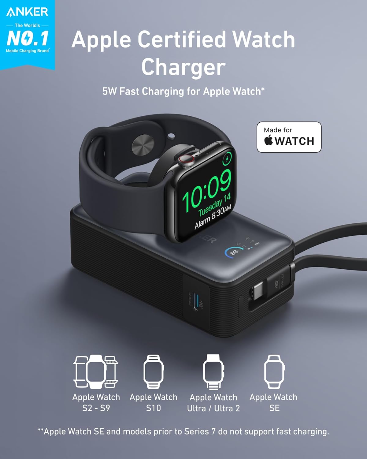 Zewnętrzna bateria bezprzewodowa Anker MagGo, 10000mAh, 35W, PD + QI, 1 x QI - 2 x USB-C, Czarna A1657011