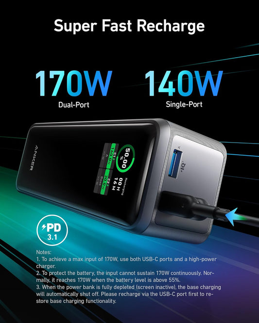 Akumulator zewnętrzny Anker Prime, 27650 mAh, 250 W, QC + PD, 1 x USB-A - 2 x USB-C, czarny A1340011 A1340011