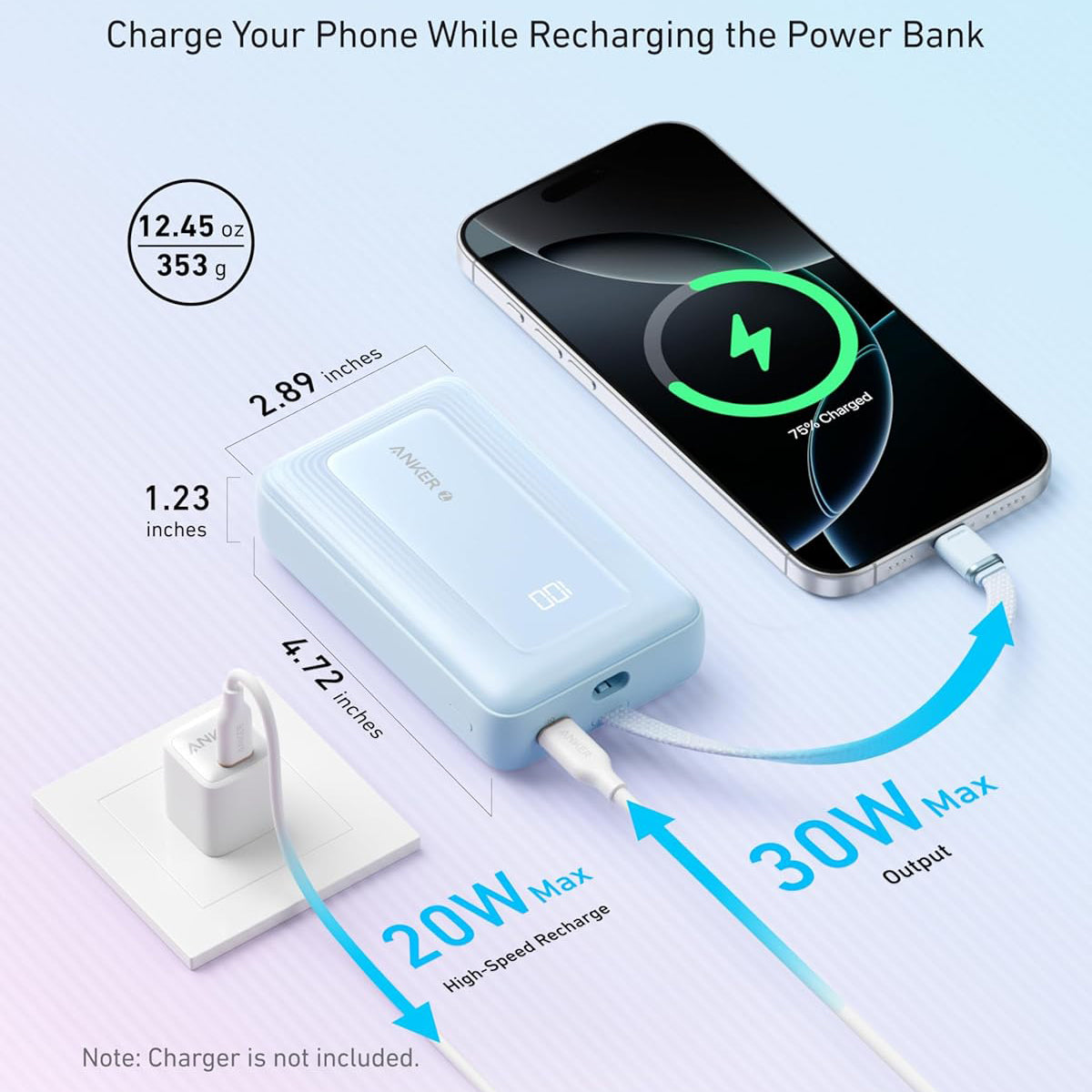 Zewnętrzna bateria Anker Zolo, 20000mAh, 30W, QC + PD, 1 x USB-A - 2 x USB-C, Niebieska A1689031