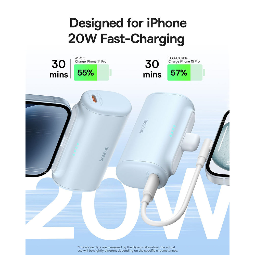 Zewnętrzna bateria Baseus Compact, 5000mAh, 20W, PD, 1 x Lightning - 1 x USB-C, Niebieska P10068307313-00