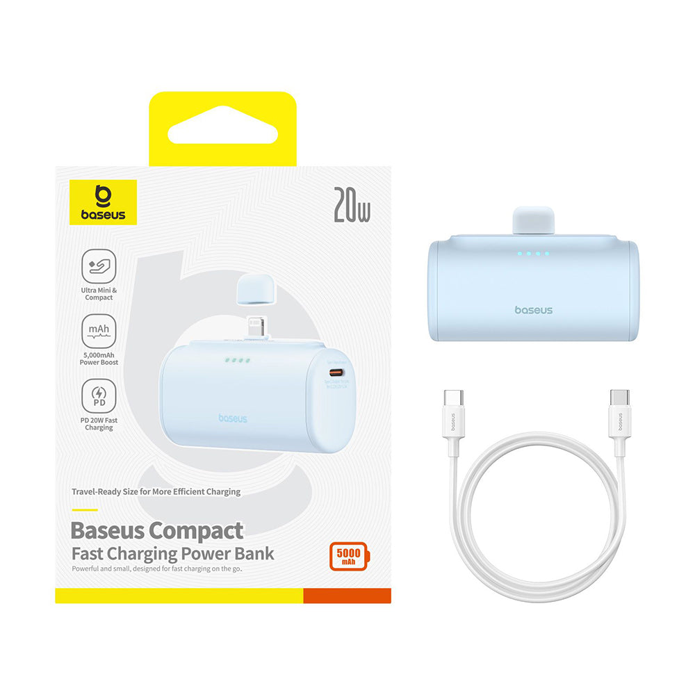 Zewnętrzna bateria Baseus Compact, 5000mAh, 20W, PD, 1 x Lightning - 1 x USB-C, Niebieska P10068307313-00