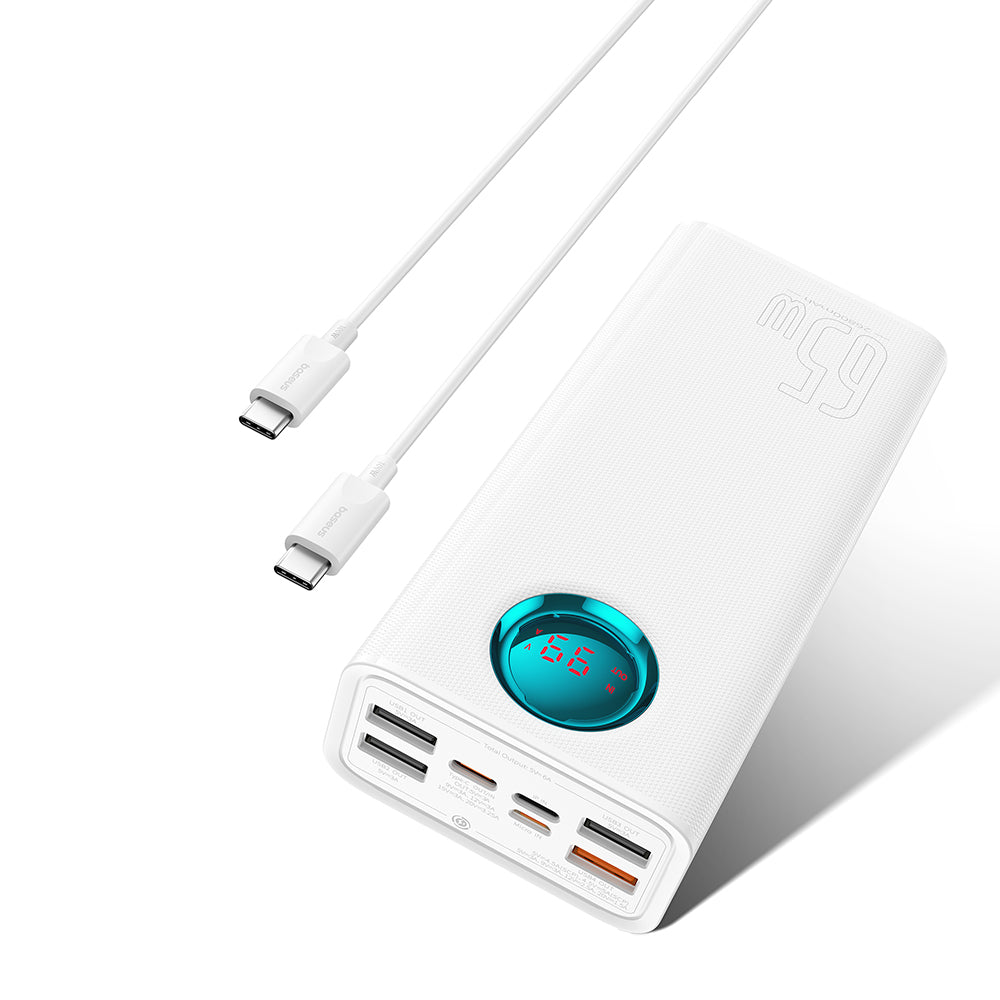 Zewnętrzna bateria Baseus Amblight Digital Display, 26800mAh, 65W, QC + PD, 1 x USB-C - 4 x USB-A, Biała P10022402223-00
