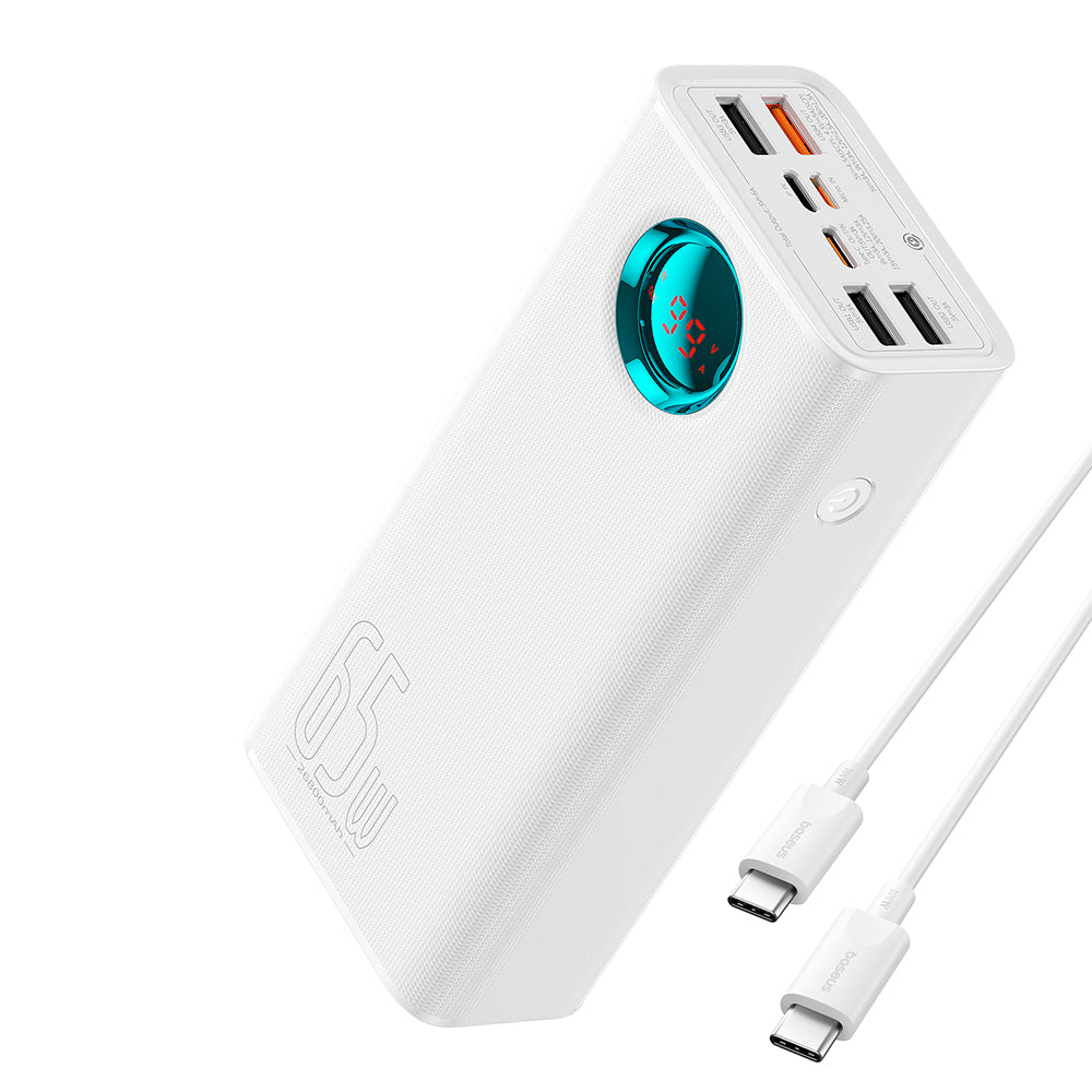 Zewnętrzna bateria Baseus Amblight Digital Display, 26800mAh, 65W, QC + PD, 1 x USB-C - 4 x USB-A, Biała P10022402223-00