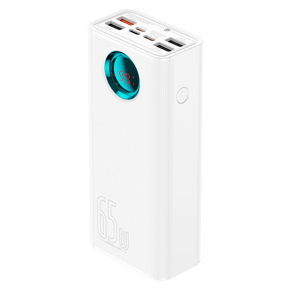 Zewnętrzna bateria Baseus Amblight Digital Display, 26800mAh, 65W, QC + PD, 1 x USB-C - 4 x USB-A, Biała P10022402223-00