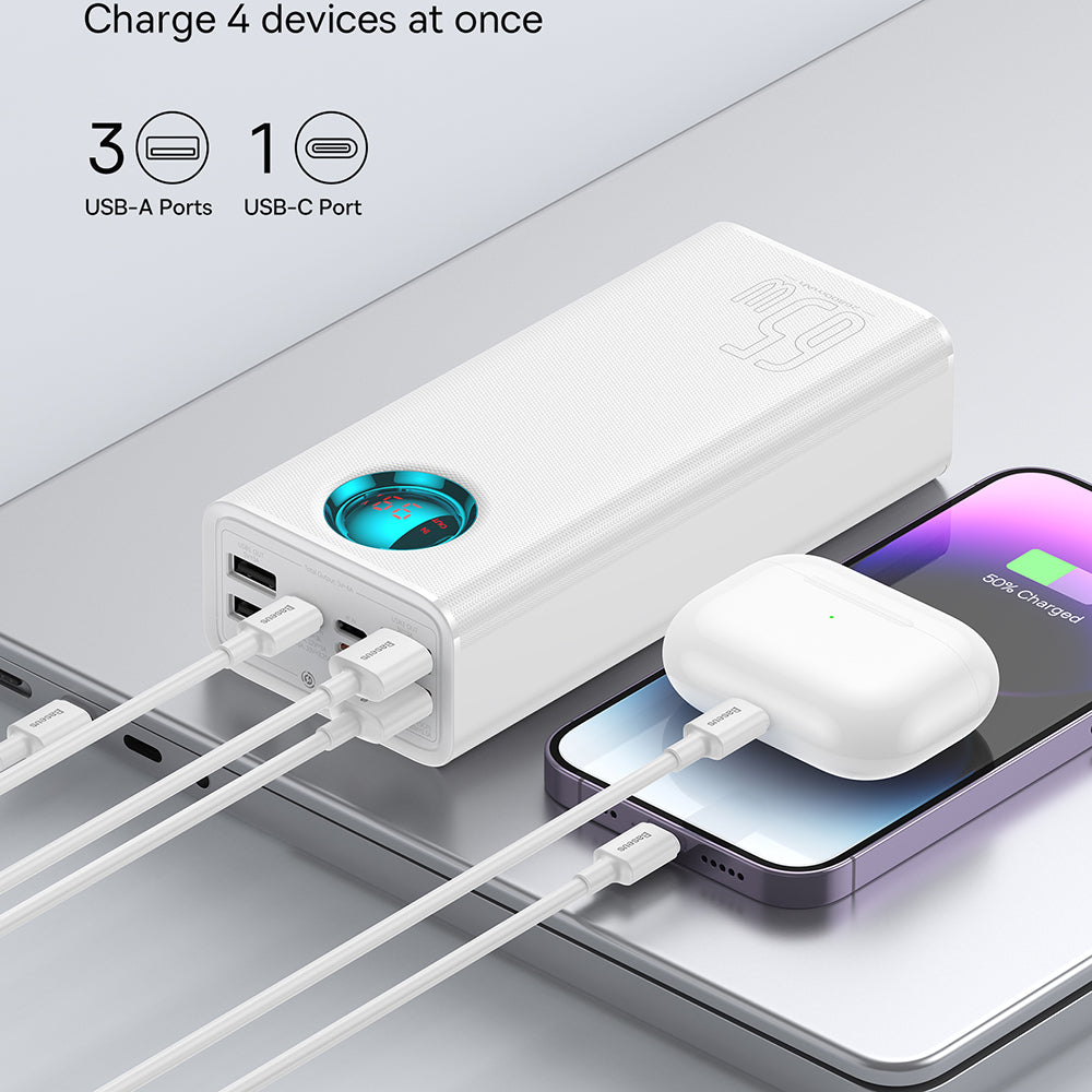 Zewnętrzna bateria Baseus Amblight Digital Display, 26800mAh, 65W, QC + PD, 1 x USB-C - 4 x USB-A, Biała P10022402223-00