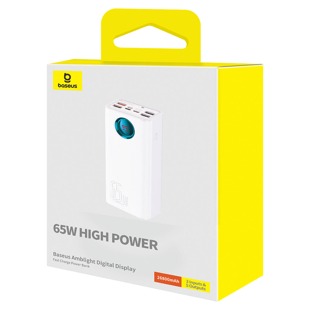 Zewnętrzna bateria Baseus Amblight Digital Display, 26800mAh, 65W, QC + PD, 1 x USB-C - 4 x USB-A, Biała P10022402223-00