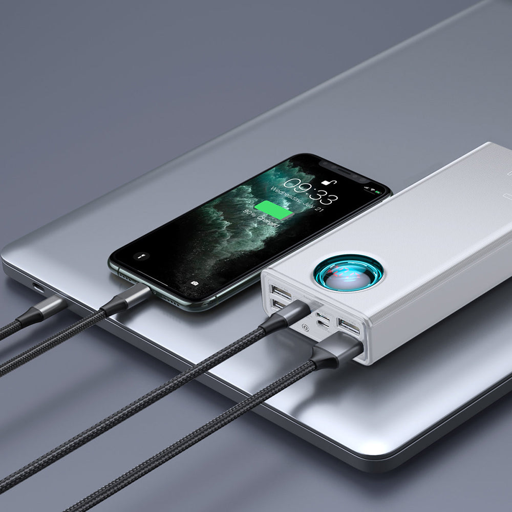 Zewnętrzna bateria Baseus Amblight Digital Display, 30000mAh, 65W, QC + PD, 1 x USB-C - 4 x USB-A, Biała PPLG000102