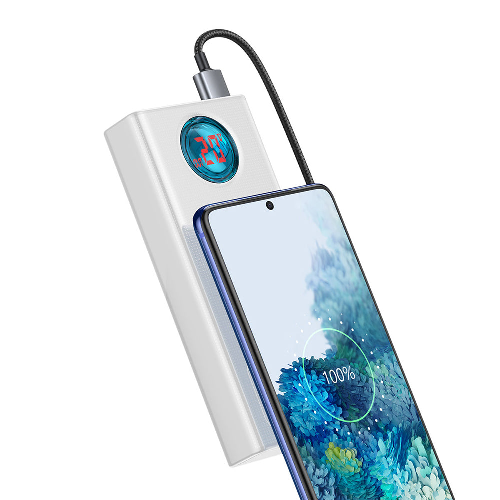 Zewnętrzna bateria Baseus Amblight Digital Display, 30000mAh, 65W, QC + PD, 1 x USB-C - 4 x USB-A, Biała PPLG000102