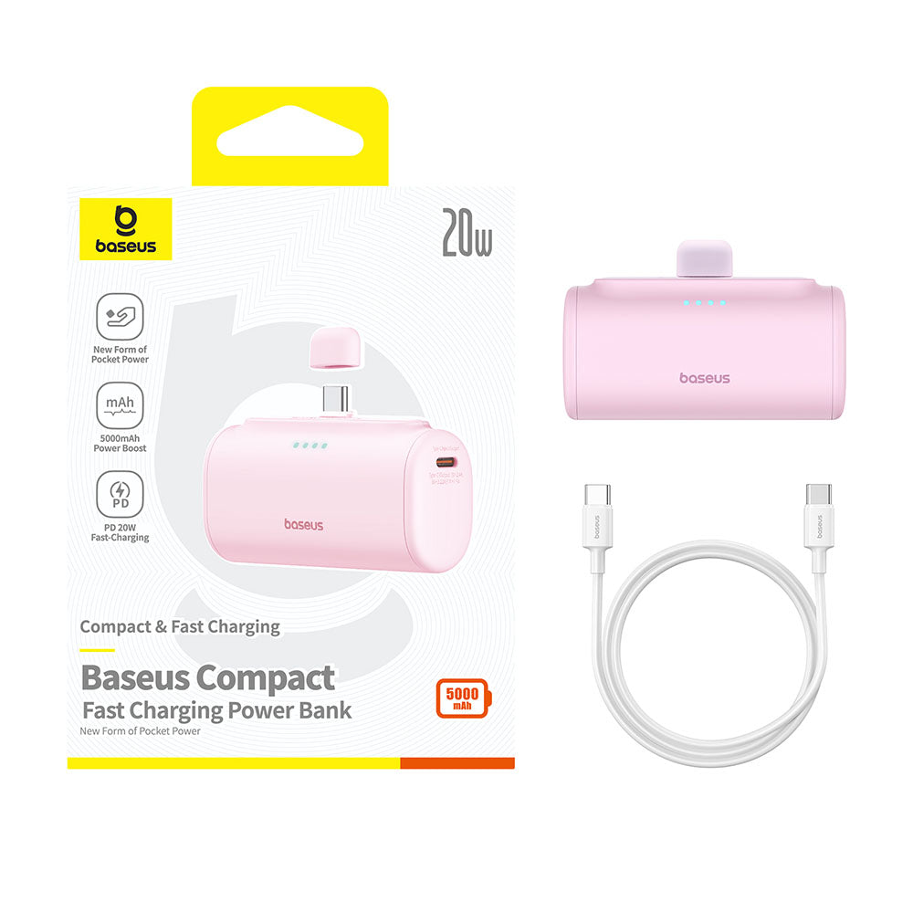 Zewnętrzna bateria Baseus Compact, 5000mAh, 20W, PD, 2 x USB-C, Różowy P10068306413-00