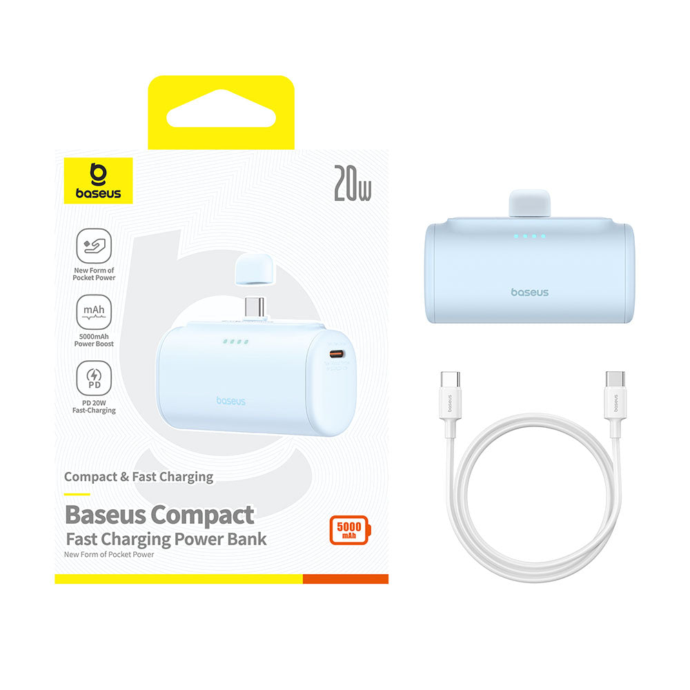 Zewnętrzna bateria Baseus Compact, 5000mAh, 20W, PD, 2 x USB-C, Niebieska P10068306313-00