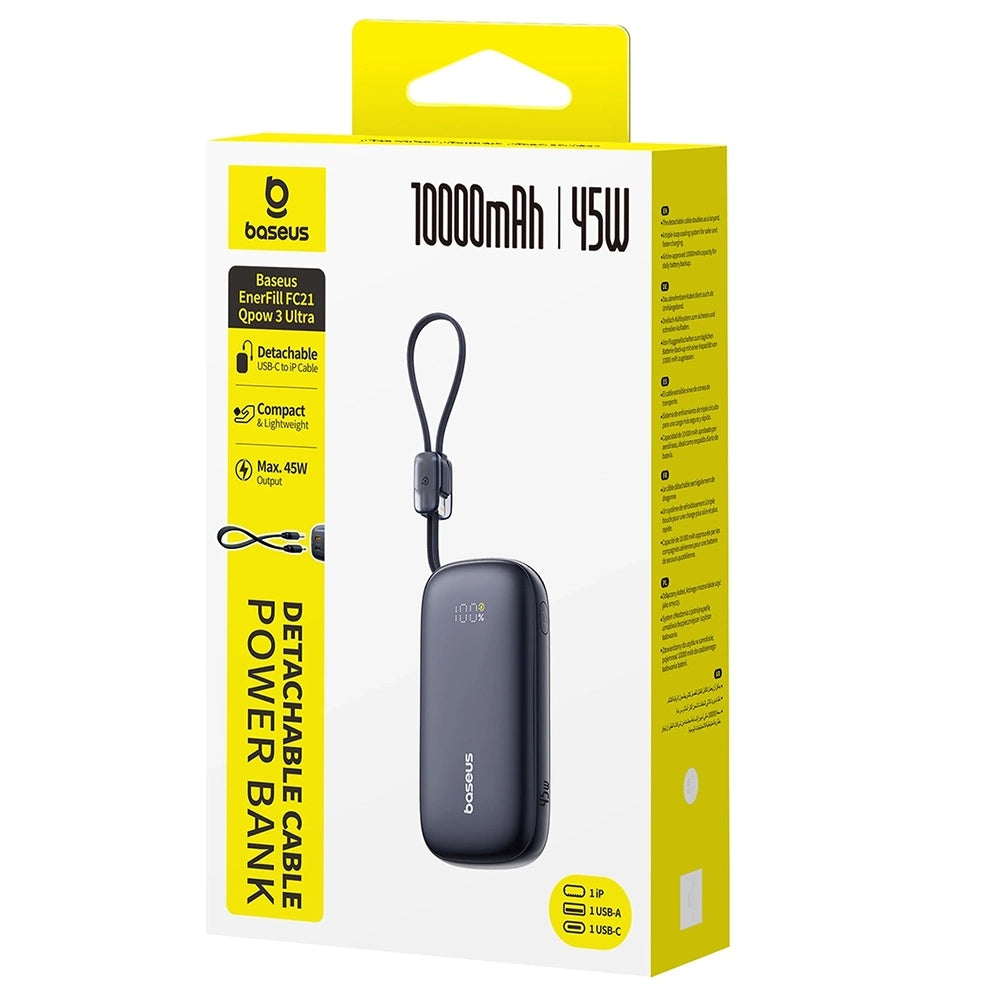 Zewnętrzna bateria Baseus EnerFill FC21 Qpow 3 Ultra, 10000mAh, 45W, QC + PD, 1 x USB-A - 1 x USB-C, Czarna E0027Q00