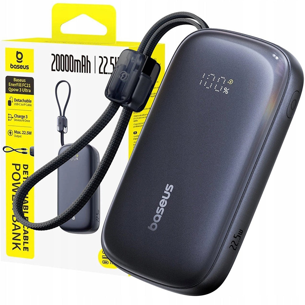 Zewnętrzna bateria Baseus EnerFill FC21 Qpow 3 Ultra, 20000mAh, 22.5W, QC + PD, 1 x USB-A - 1 x USB-C, Czarna E0027M00