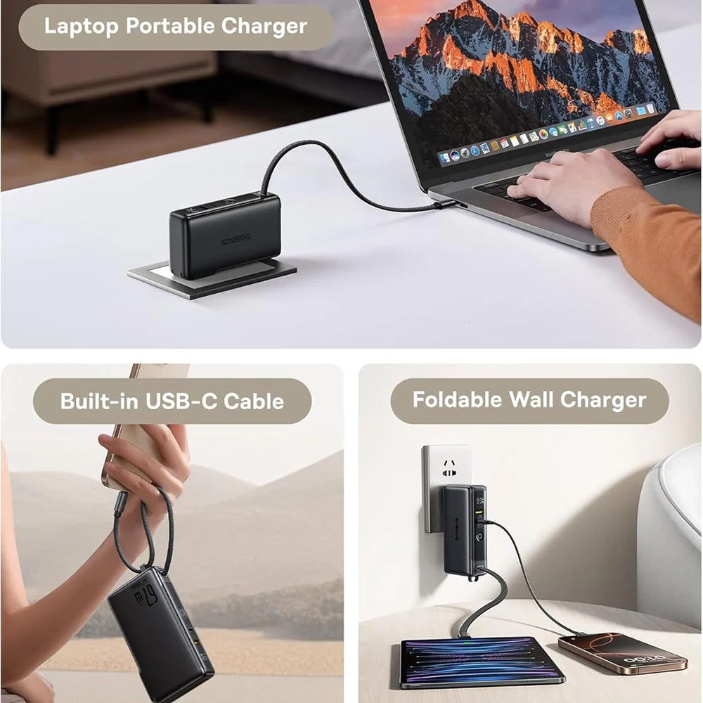 Zewnętrzna bateria Baseus Nomos NT11 Omni US, 10000mAh, 67W, QC + PD, 1 x USB-A - 2 x USB-C, Czarna P10078807123-00