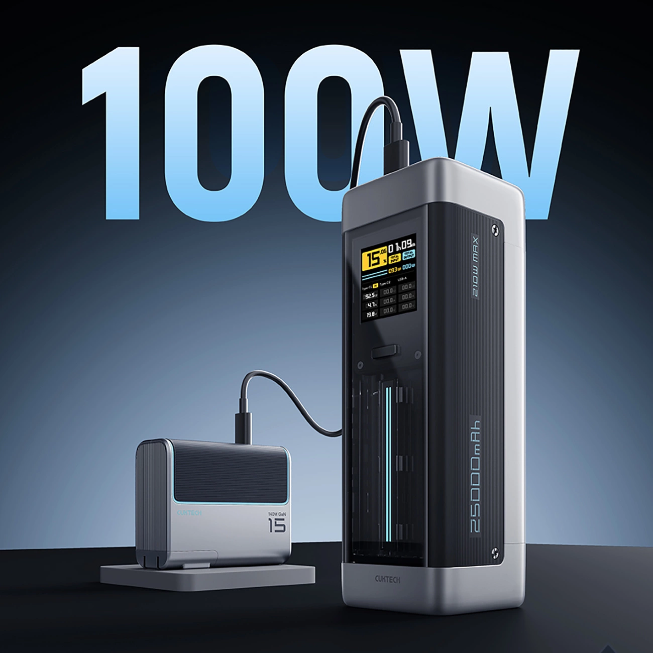Zewnętrzna bateria Cuktech, 25000mAh, 210W, QC + PD, 1 x USB-A - 2 x USB-C, Czarna CUK00P23GLBK