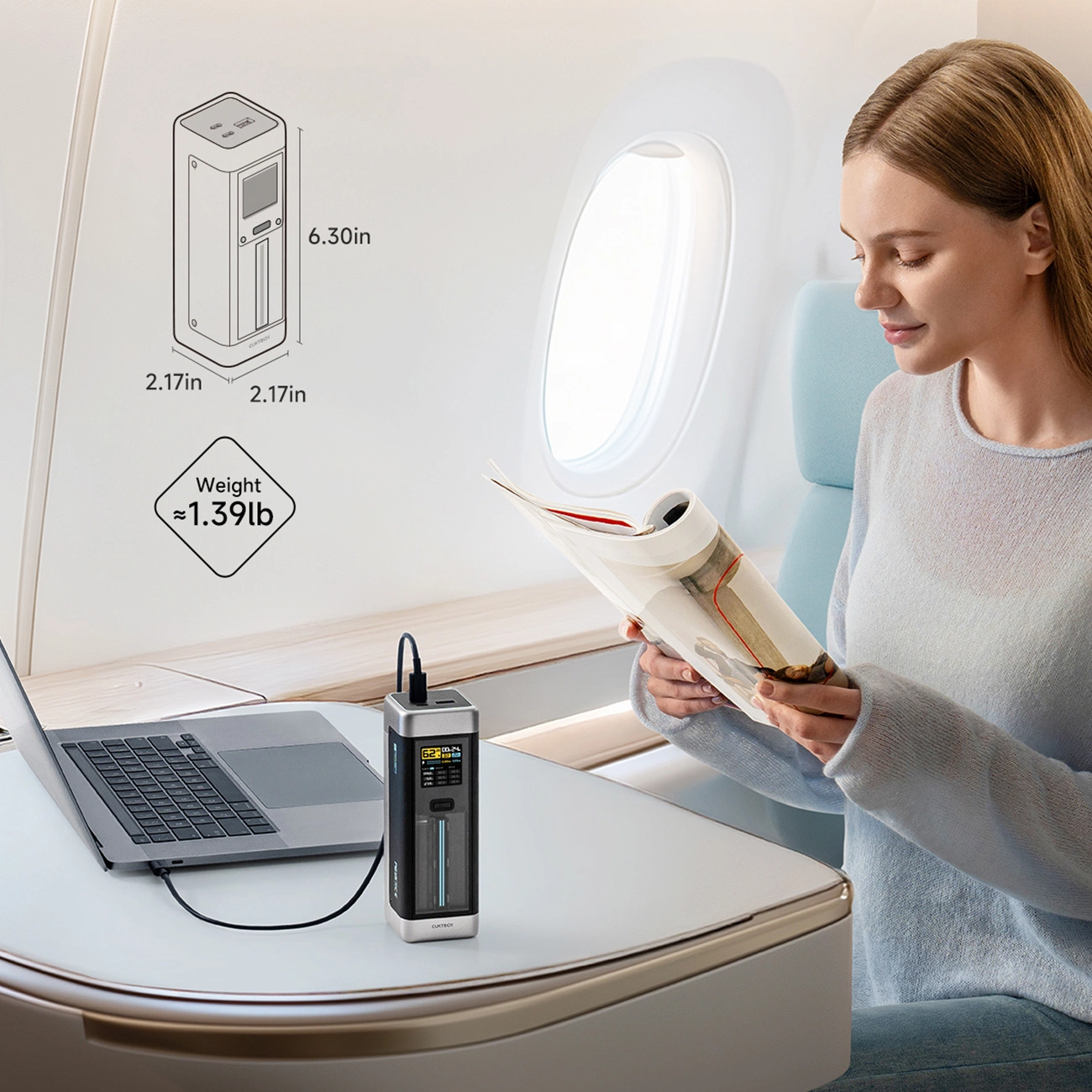 Zewnętrzna bateria Cuktech, 25000mAh, 210W, QC + PD, 1 x USB-A - 2 x USB-C, Czarna CUK00P23GLBK