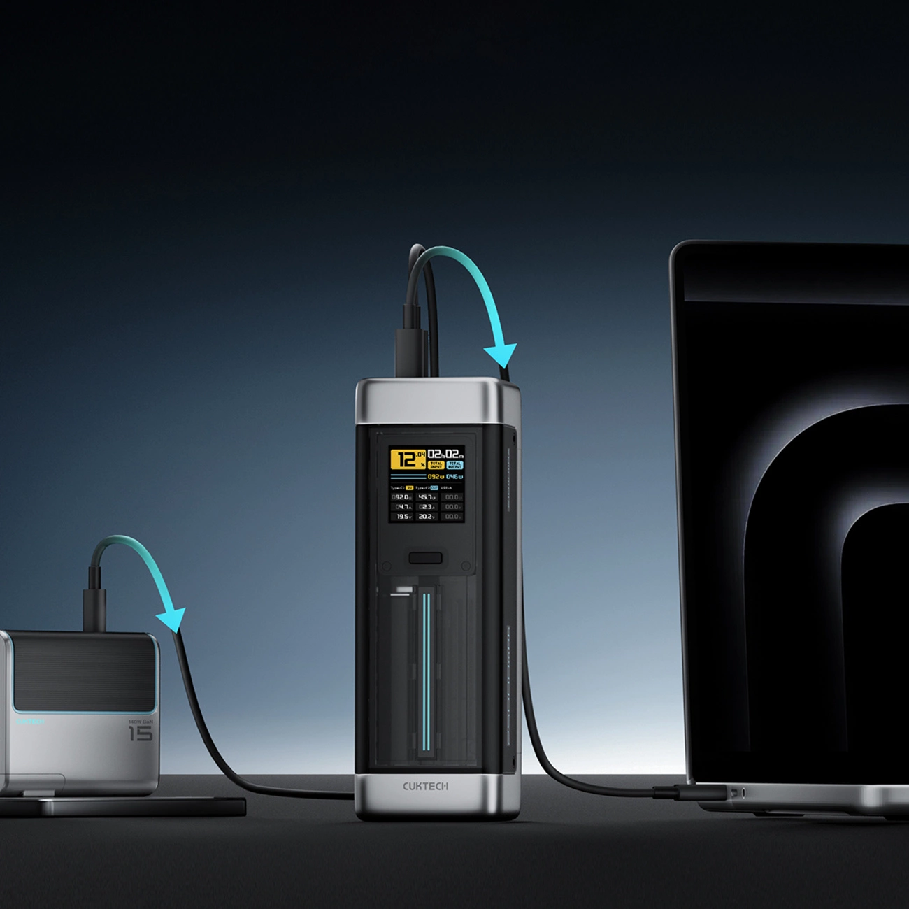 Zewnętrzna bateria Cuktech, 25000mAh, 210W, QC + PD, 1 x USB-A - 2 x USB-C, Czarna CUK00P23GLBK