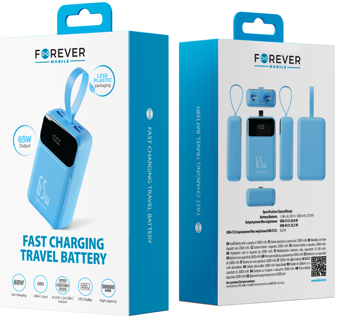 Forever Vibe-TB65 External Battery, 20000mAh, 65W, QC + PD, 2 x USB-A - 2 x USB-C, Blue
