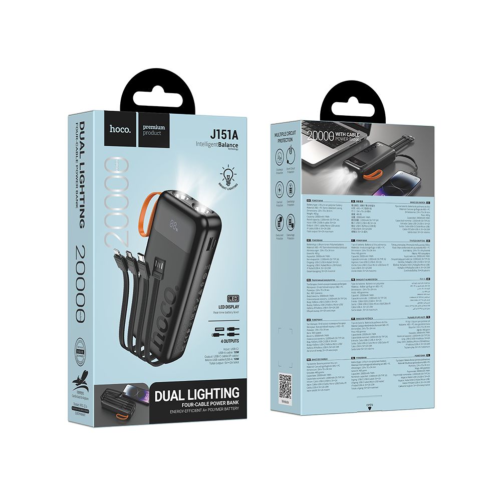 Powerbank HOCO J151A, 20000mAh, 10W, 1 x Lightning - 1 x microUSB - 1 x USB-A - 1 x USB-C, Czarny