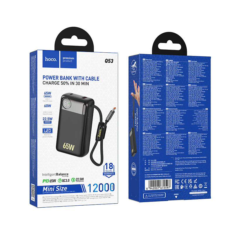 Powerbank HOCO Q53, 12000mAh, 65W, QC + PD, 1 x USB-A - 2 x USB-C, Czarny