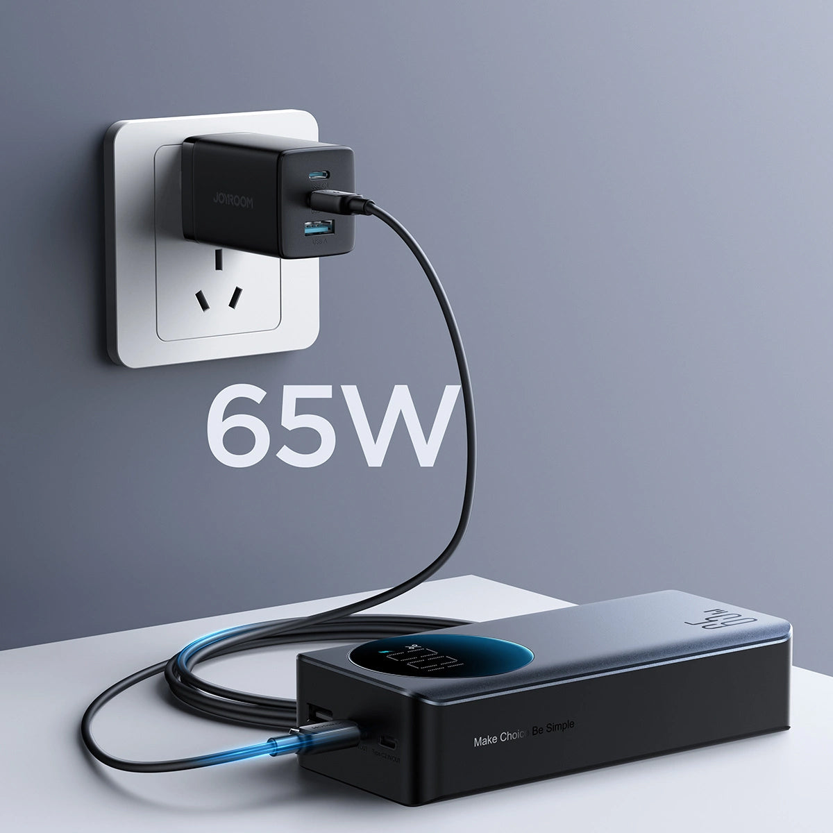 Zewnętrzna bateria Joyroom JR-PBF05, 30000mAh, 65W, QC + PD, 1 x USB-A - 2 x USB-C, Czarna