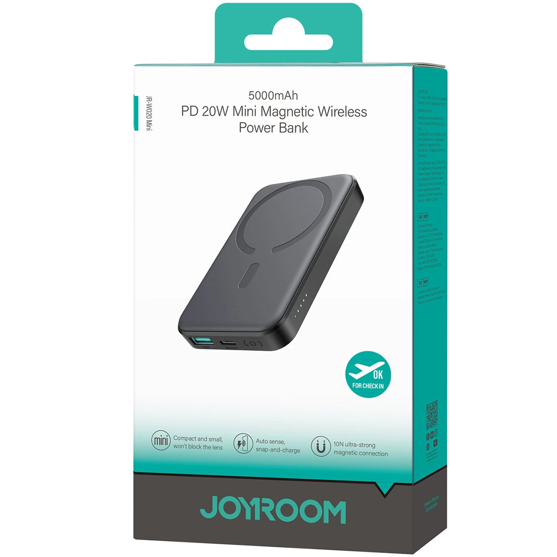 Zewnętrzna bateria bezprzewodowa Joyroom JR-W020 Mini, 5000mAh, 20W, QC + PD + FQI, 1 x QI - 1 x USB-A - 1 x USB-C, Czarna