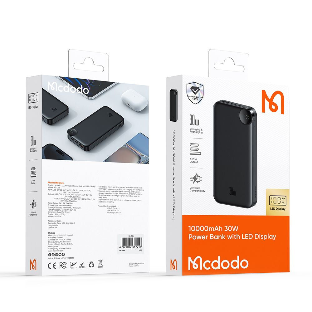 Zewnętrzna bateria McDodo MC-3850 Display, 10000mAh, 30W, QC + PD, 1 x USB-A - 2 x USB-C, Czarna