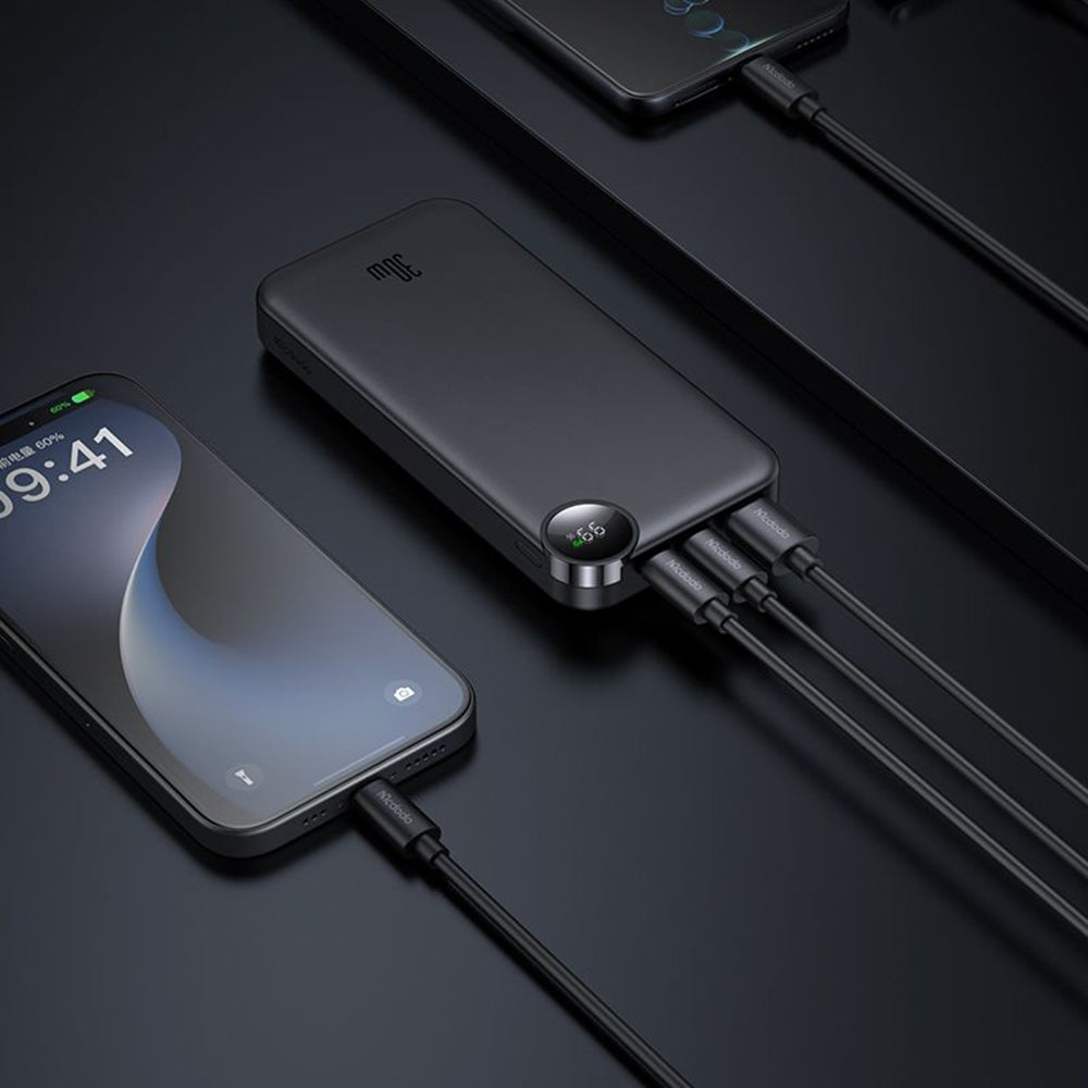 Zewnętrzna bateria McDodo MC-3850 Display, 10000mAh, 30W, QC + PD, 1 x USB-A - 2 x USB-C, Czarna