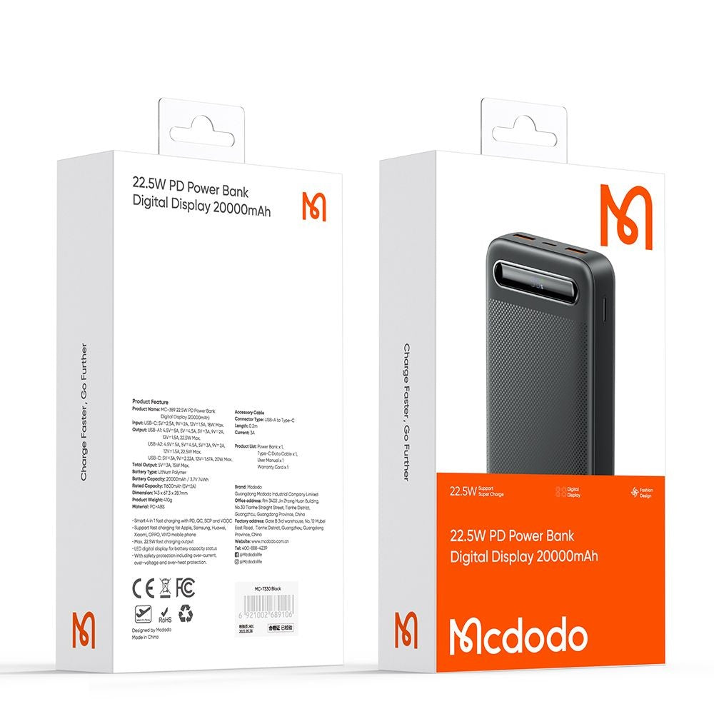 Zewnętrzna bateria McDodo MC-3891 Star, 20000mAh, 22.5W, QC + PD, 2 x USB-A - 1 x USB-C, Czarna