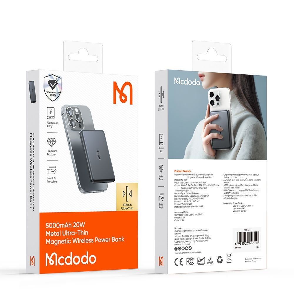 Zewnętrzna bateria bezprzewodowa McDodo MC-4641 Meta, 5000mAh, 20W, PD + FQI, 1 x QI - 1 x USB-C, Czarna